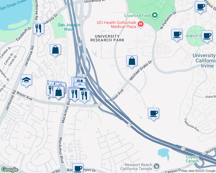 map of restaurants, bars, coffee shops, grocery stores, and more near 5161 California Avenue in Irvine