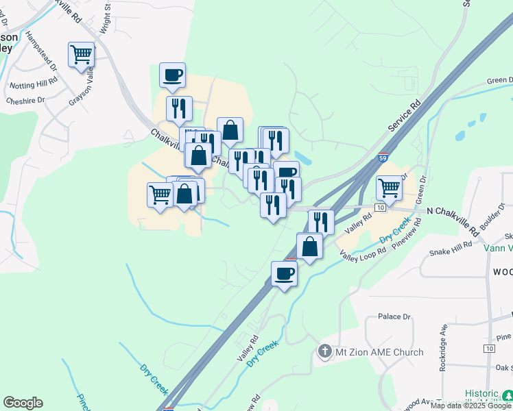 map of restaurants, bars, coffee shops, grocery stores, and more near 5900 Chalkville Mountain Lane in Birmingham