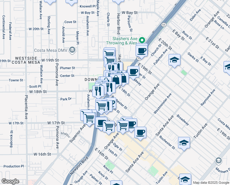 map of restaurants, bars, coffee shops, grocery stores, and more near in Costa Mesa