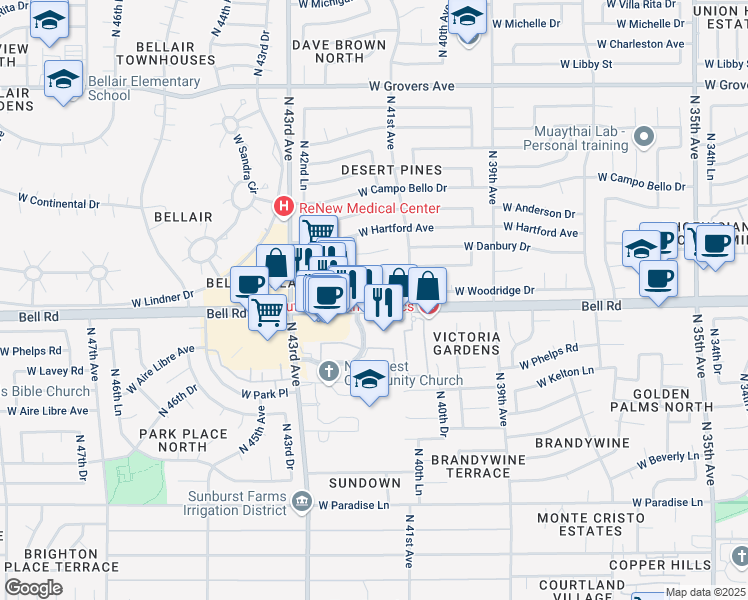 map of restaurants, bars, coffee shops, grocery stores, and more near 4139 West Bell Road in Phoenix