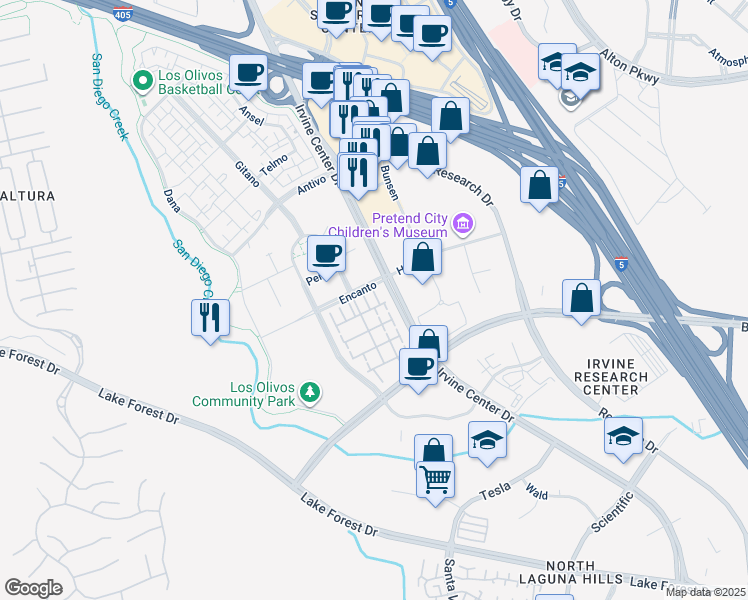 map of restaurants, bars, coffee shops, grocery stores, and more near 111 Linda Vista in Irvine