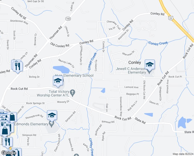 map of restaurants, bars, coffee shops, grocery stores, and more near 1452 Greenwillow Drive in Conley
