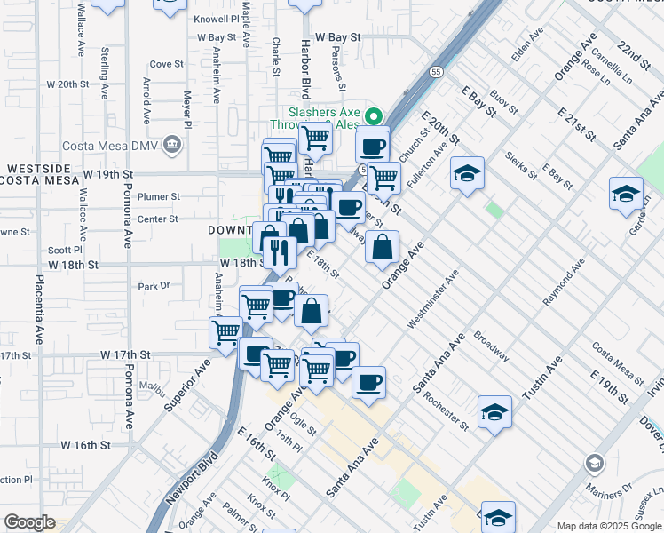map of restaurants, bars, coffee shops, grocery stores, and more near 132 East 18th Street in Costa Mesa
