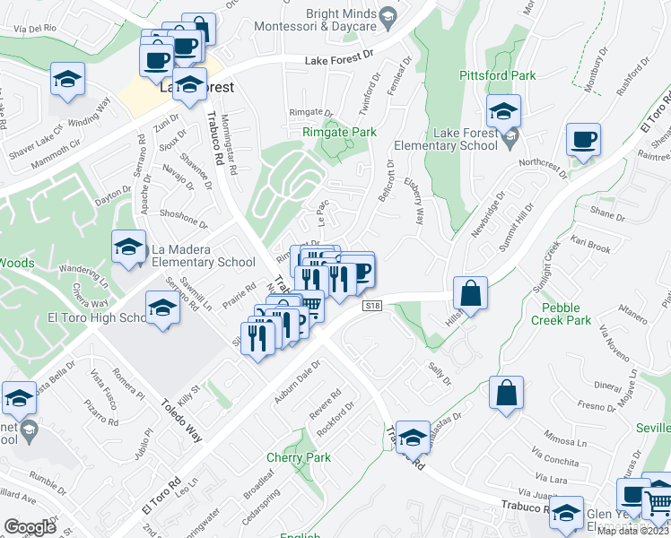 map of restaurants, bars, coffee shops, grocery stores, and more near 25745 View Pointe in Lake Forest