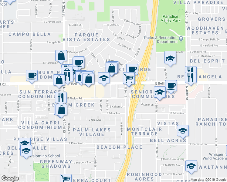 map of restaurants, bars, coffee shops, grocery stores, and more near 76 East Phelps Road in Phoenix