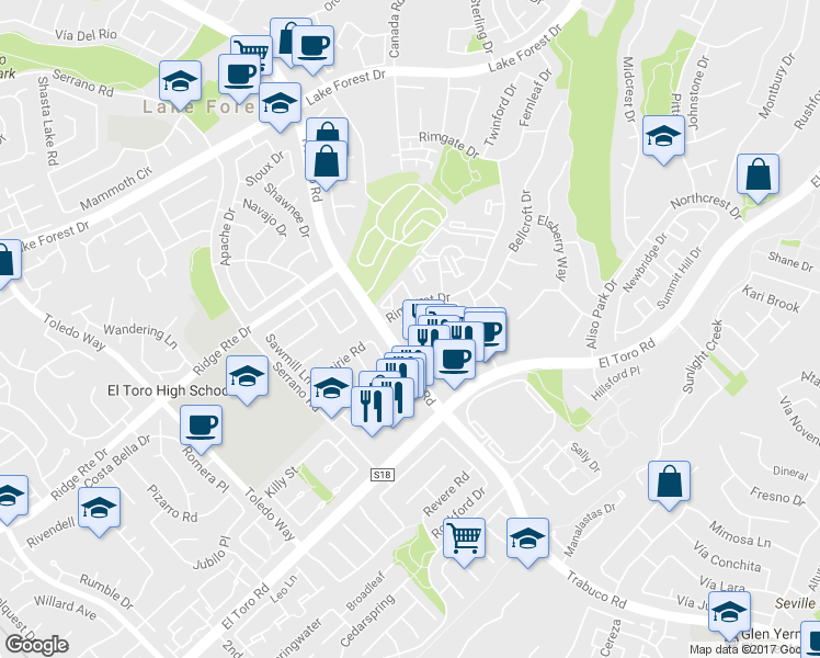 map of restaurants, bars, coffee shops, grocery stores, and more near 22373 El Toro Road in Lake Forest