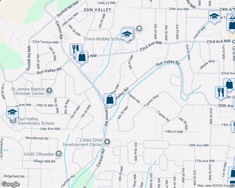 map of restaurants, bars, coffee shops, grocery stores, and more near 579 Sun Valley Road in Birmingham