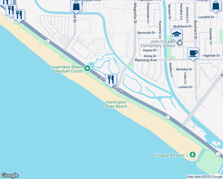 map of restaurants, bars, coffee shops, grocery stores, and more near 21601 Pacific Coast Highway in Huntington Beach