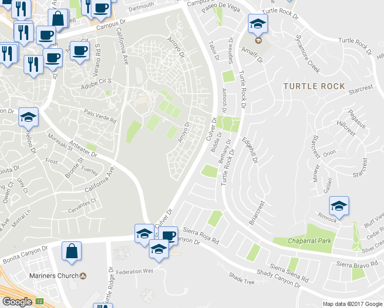 map of restaurants, bars, coffee shops, grocery stores, and more near 30000 Arroyo Drive in Irvine