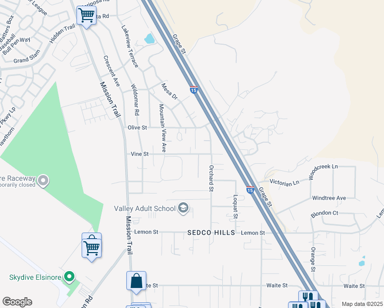 map of restaurants, bars, coffee shops, grocery stores, and more near Vine Street in Wildomar