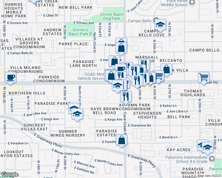 map of restaurants, bars, coffee shops, grocery stores, and more near in Phoenix
