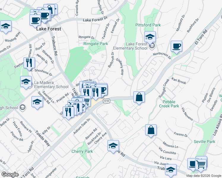 map of restaurants, bars, coffee shops, grocery stores, and more near 25856 Windsong in Lake Forest