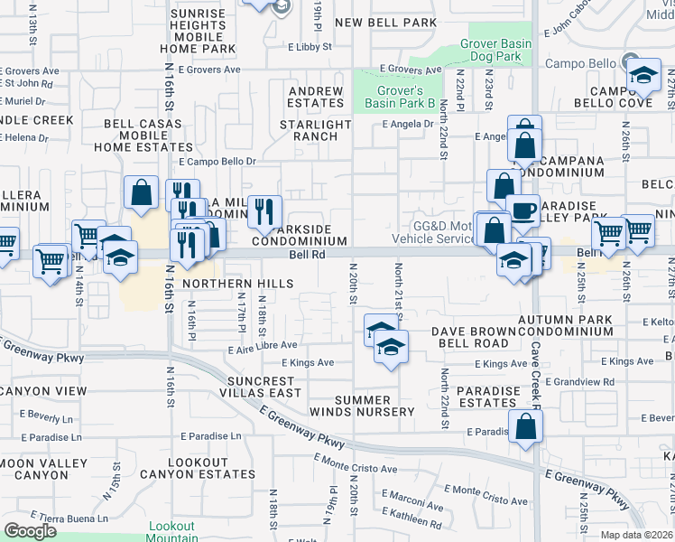 map of restaurants, bars, coffee shops, grocery stores, and more near 1930 East Phelps Road in Phoenix