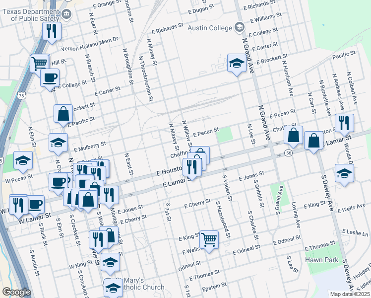 map of restaurants, bars, coffee shops, grocery stores, and more near 815 Chaffin Street in Sherman