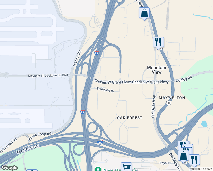 map of restaurants, bars, coffee shops, grocery stores, and more near 157 Tradeport Drive in Atlanta