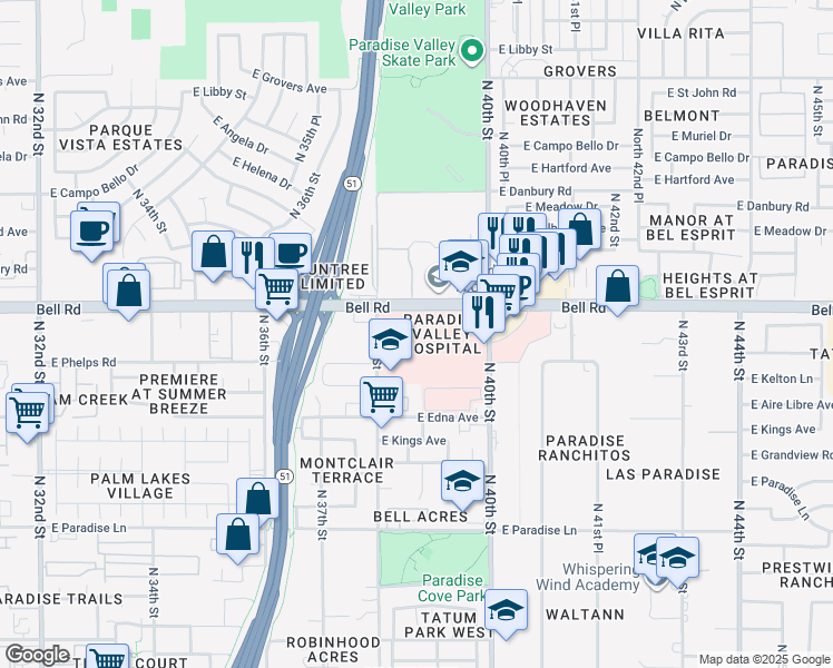 map of restaurants, bars, coffee shops, grocery stores, and more near 3950 East Bell Road in Phoenix