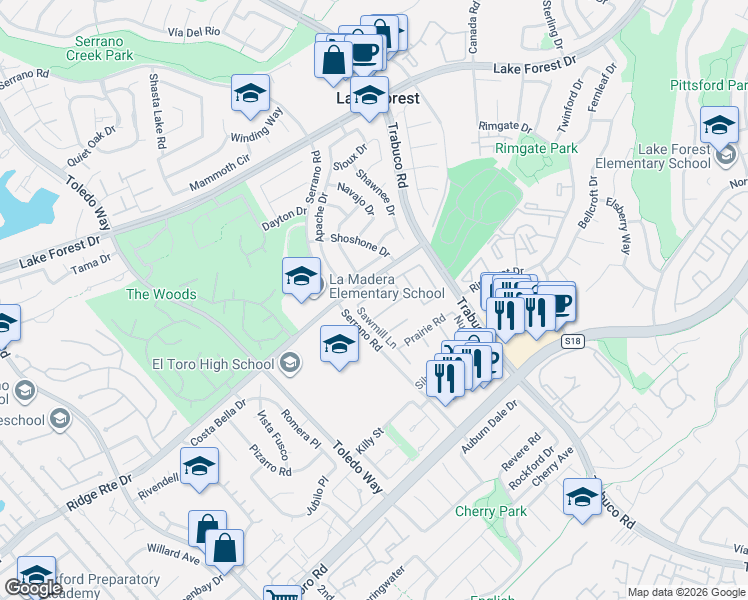 map of restaurants, bars, coffee shops, grocery stores, and more near 22246 Lantern Lane in Lake Forest