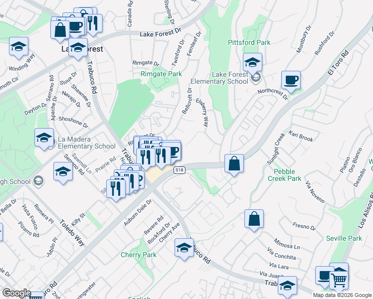 map of restaurants, bars, coffee shops, grocery stores, and more near 25856 Windsong in Lake Forest