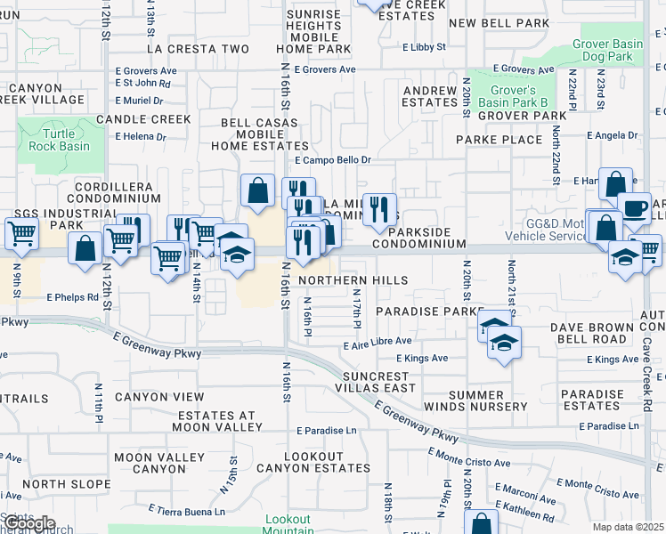 map of restaurants, bars, coffee shops, grocery stores, and more near 1653 North 17th Street in Phoenix