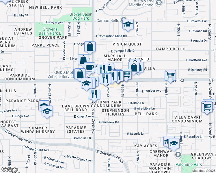 map of restaurants, bars, coffee shops, grocery stores, and more near 16801 North 25th Street in Phoenix
