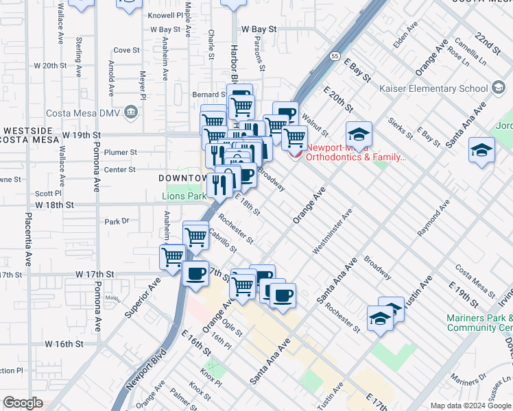 map of restaurants, bars, coffee shops, grocery stores, and more near 132 East 18th Street in Costa Mesa