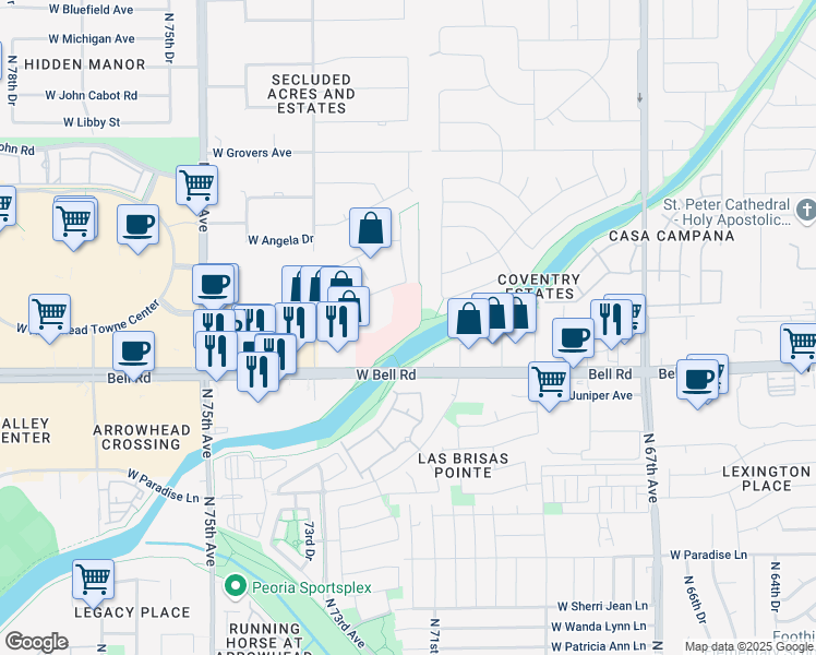 map of restaurants, bars, coffee shops, grocery stores, and more near 7200 West Camino San Xavier in Glendale