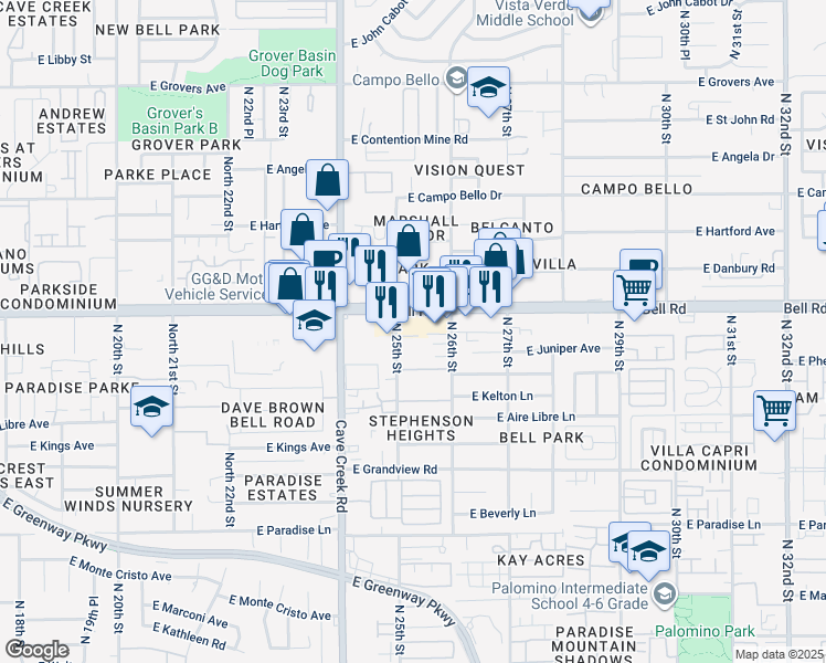 map of restaurants, bars, coffee shops, grocery stores, and more near 2519 East Bell Road in Phoenix