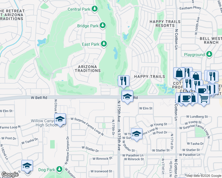 map of restaurants, bars, coffee shops, grocery stores, and more near 17080 North Happy Trails Boulevard in Surprise