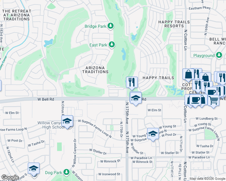 map of restaurants, bars, coffee shops, grocery stores, and more near 17566 Palomino in Surprise