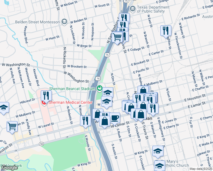 map of restaurants, bars, coffee shops, grocery stores, and more near 405 West Washington Street in Sherman