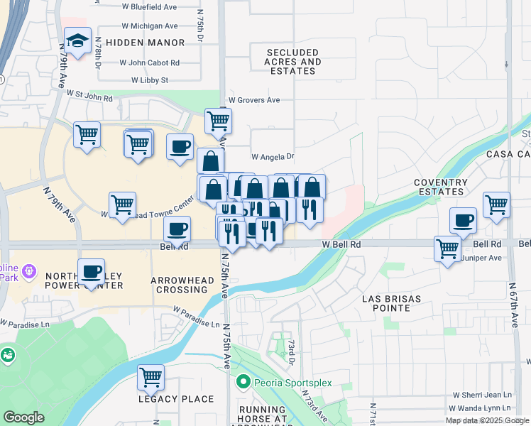 map of restaurants, bars, coffee shops, grocery stores, and more near 7400 West Camino San Xavier in Glendale