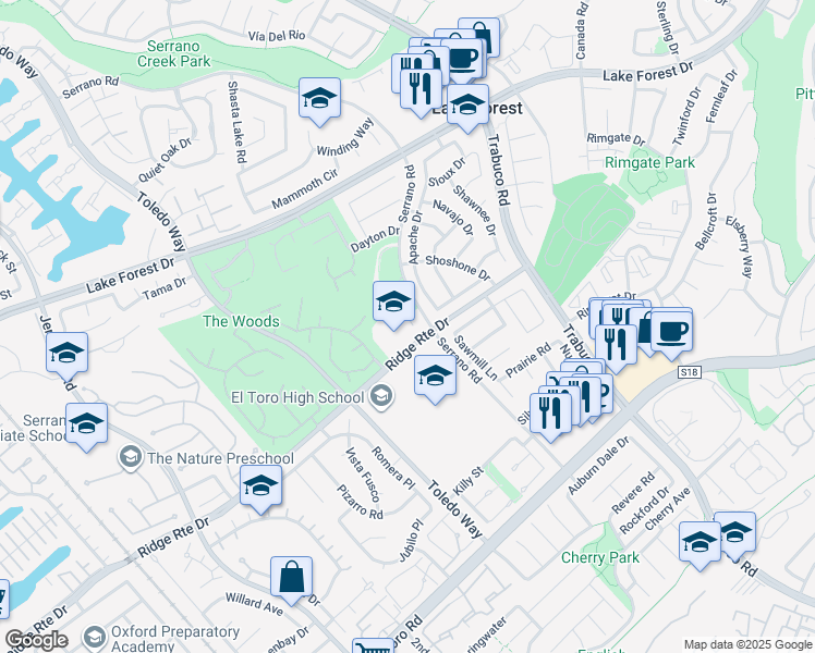 map of restaurants, bars, coffee shops, grocery stores, and more near 25350 Serrano Road in Lake Forest