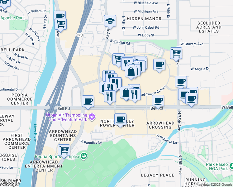 map of restaurants, bars, coffee shops, grocery stores, and more near 17125 North 79th Avenue in Glendale