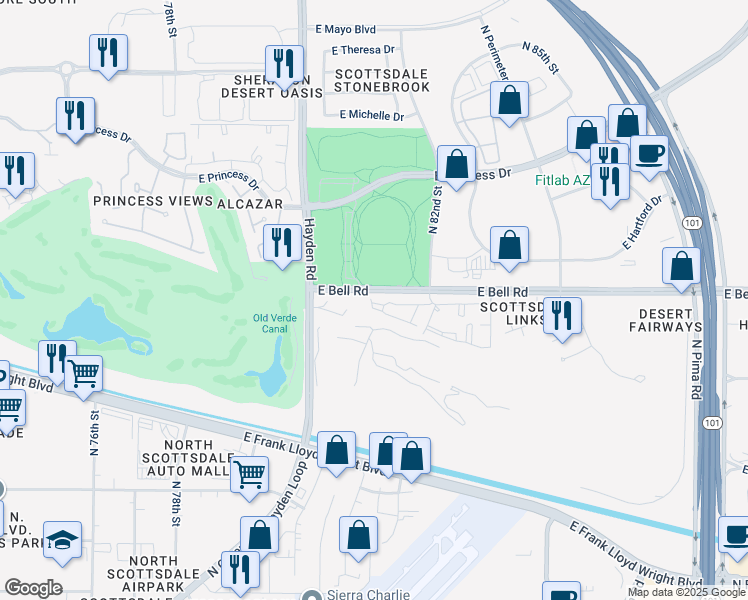 map of restaurants, bars, coffee shops, grocery stores, and more near 8245 East Bell Road in Scottsdale