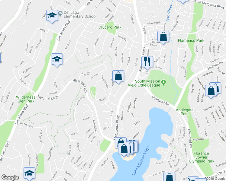 map of restaurants, bars, coffee shops, grocery stores, and more near 27691 Alarcon in Mission Viejo