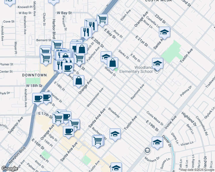 map of restaurants, bars, coffee shops, grocery stores, and more near 252 East 19th Street in Costa Mesa
