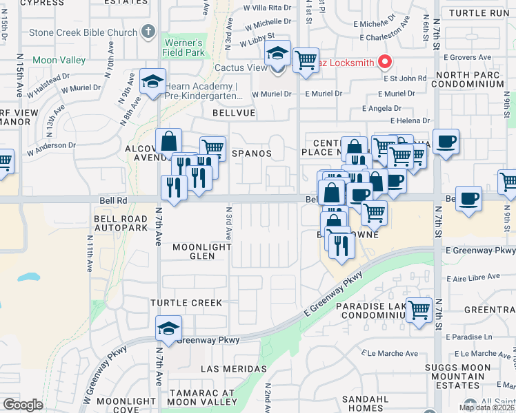 map of restaurants, bars, coffee shops, grocery stores, and more near 220 West Bell Road in Phoenix