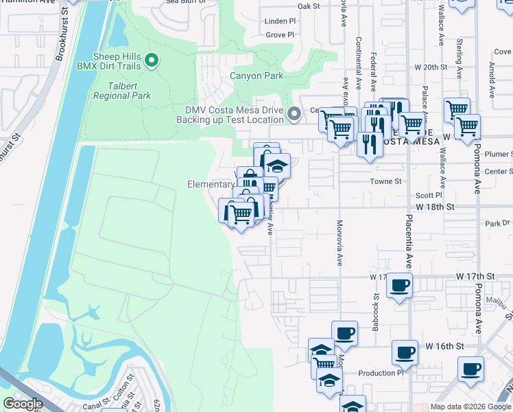 map of restaurants, bars, coffee shops, grocery stores, and more near 1032 West 18th Street in Costa Mesa