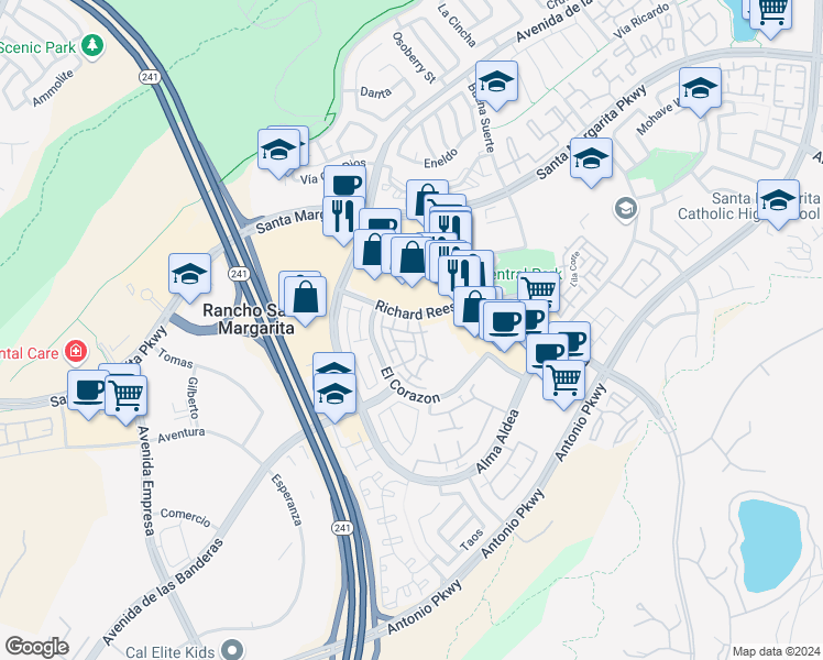 map of restaurants, bars, coffee shops, grocery stores, and more near 37 Paseo Vespertino in Rancho Santa Margarita