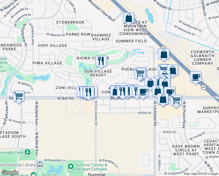map of restaurants, bars, coffee shops, grocery stores, and more near 17211 North White Cloud Circle in Surprise