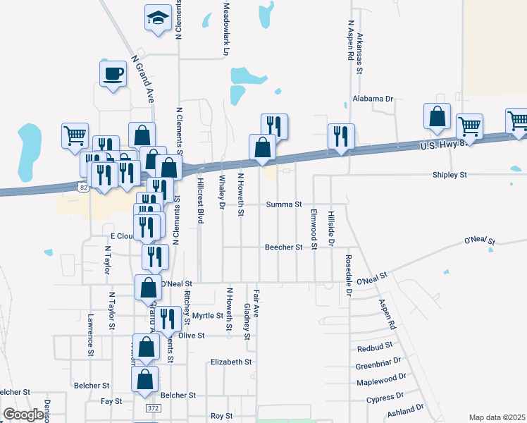 map of restaurants, bars, coffee shops, grocery stores, and more near 1302 Fair Avenue in Gainesville