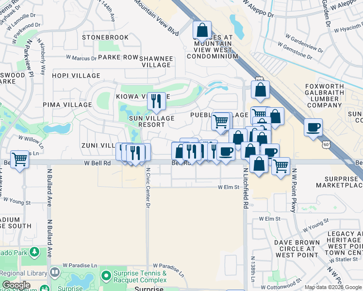 map of restaurants, bars, coffee shops, grocery stores, and more near West Arapaho Trail in Surprise