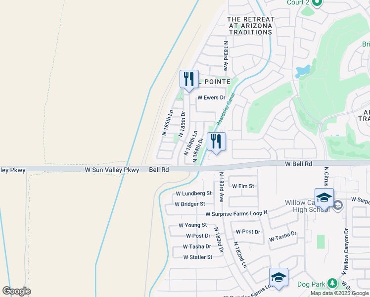 map of restaurants, bars, coffee shops, grocery stores, and more near 17187 North 185th Drive in Surprise