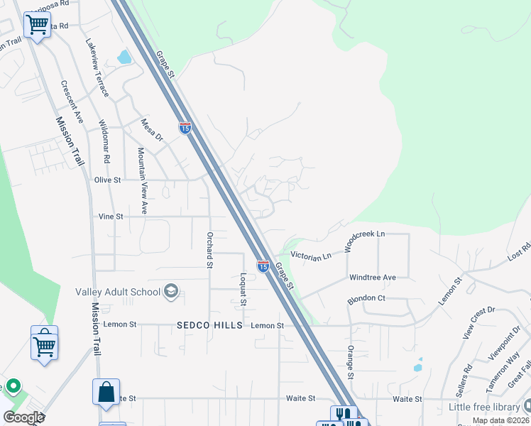 map of restaurants, bars, coffee shops, grocery stores, and more near 21722 Vine Street in Wildomar