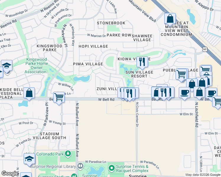 map of restaurants, bars, coffee shops, grocery stores, and more near 17187 North Willow Path in Surprise