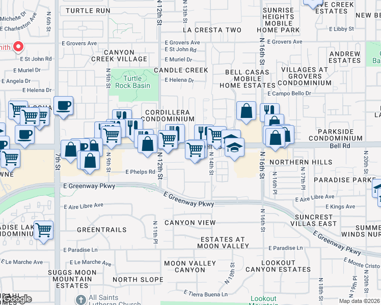 map of restaurants, bars, coffee shops, grocery stores, and more near 1307 East Bell Road in Phoenix