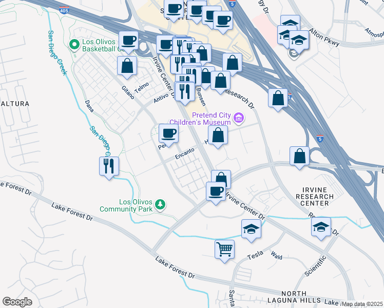 map of restaurants, bars, coffee shops, grocery stores, and more near 111 Linda Vista in Irvine