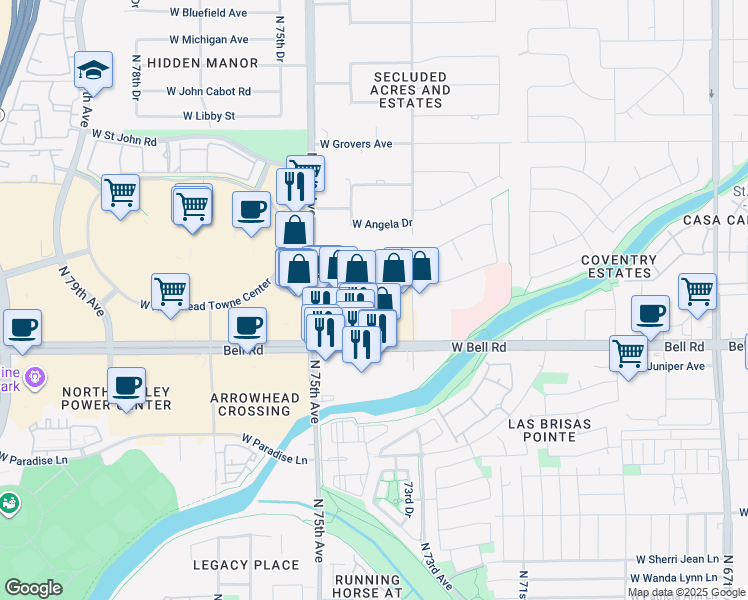 map of restaurants, bars, coffee shops, grocery stores, and more near 7400 West Camino San Xavier in Glendale