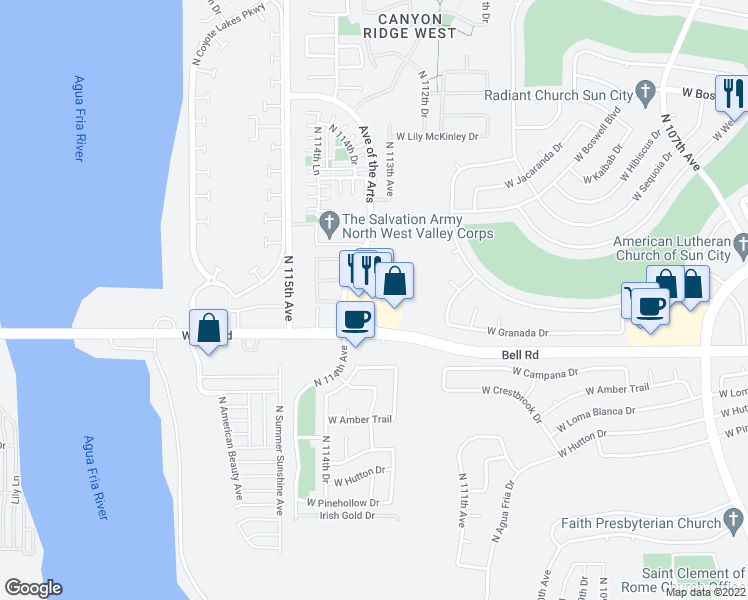 map of restaurants, bars, coffee shops, grocery stores, and more near 11340 W Bell Rd in Surprise