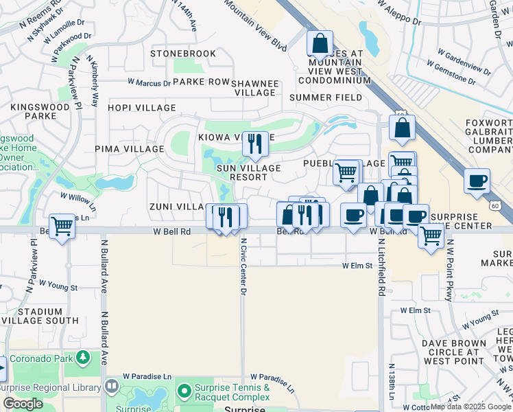 map of restaurants, bars, coffee shops, grocery stores, and more near 14300 West Bell Road in Surprise